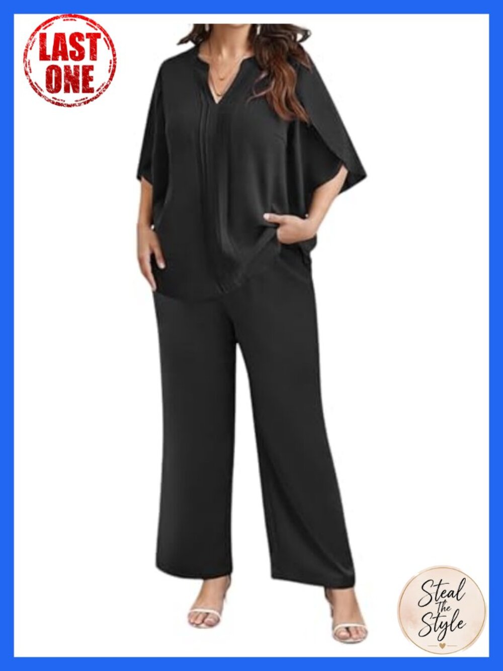Plus Size Women's 2-Piece Pantsuit Set, 3/4 Sleeve Blouse & Wide Leg Pants,